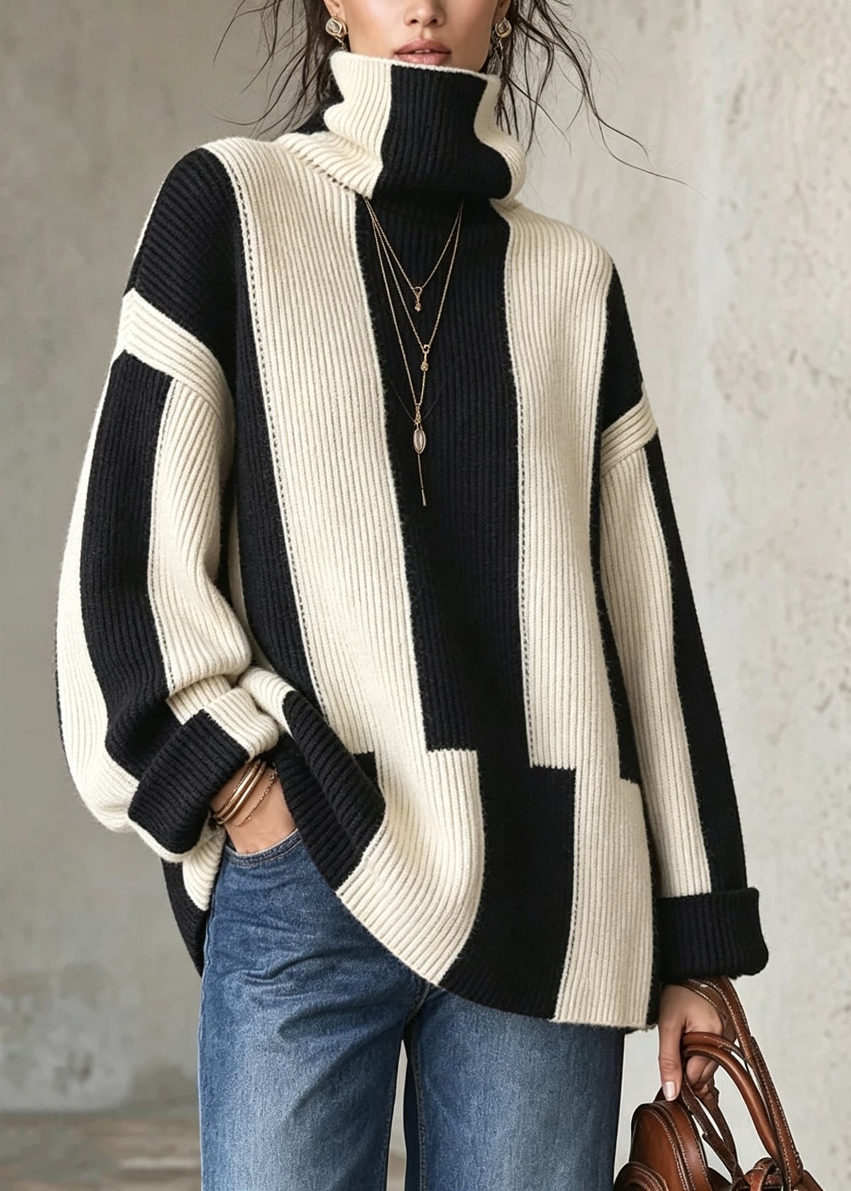 Stylish Hign Neck Thick Striped Patchwork Knit Sweaters Fall