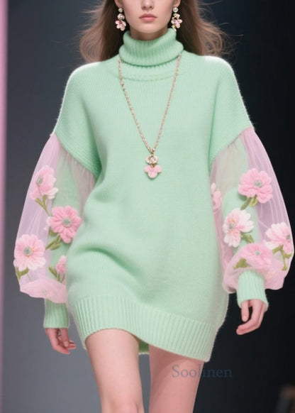 Stylish Hign Neck Tulle Patchwork Knit Sweater Dress Winter