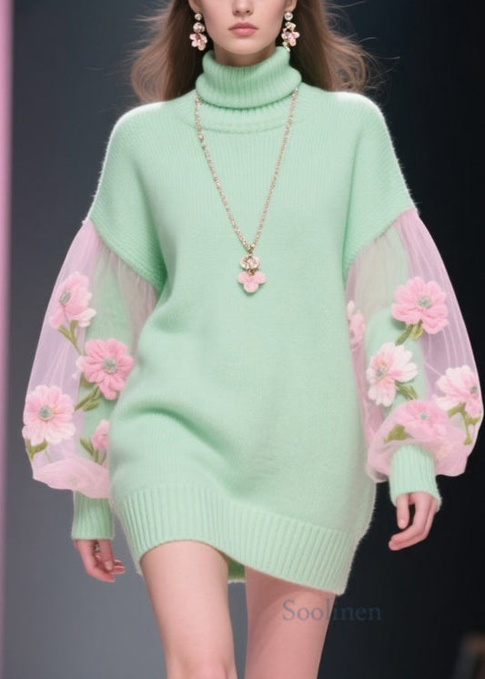 Stylish Hign Neck Tulle Patchwork Knit Sweater Dress Winter