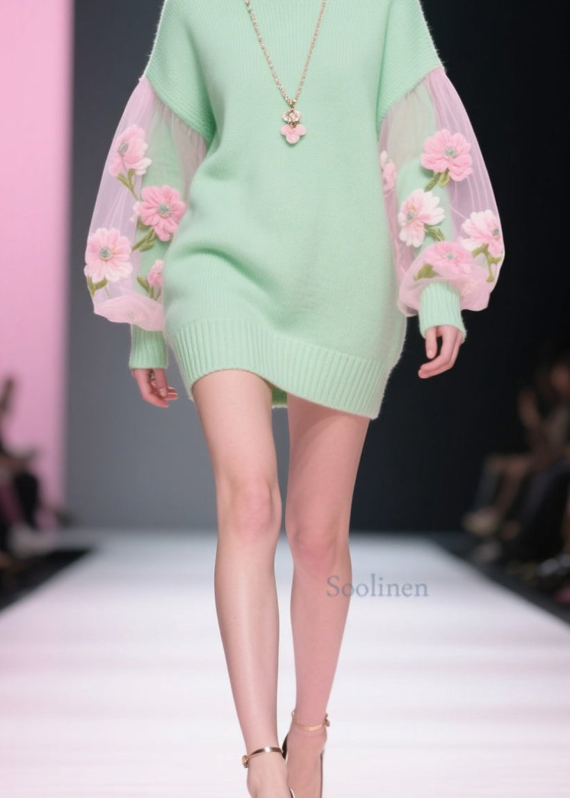 Stylish Hign Neck Tulle Patchwork Knit Sweater Dress Winter