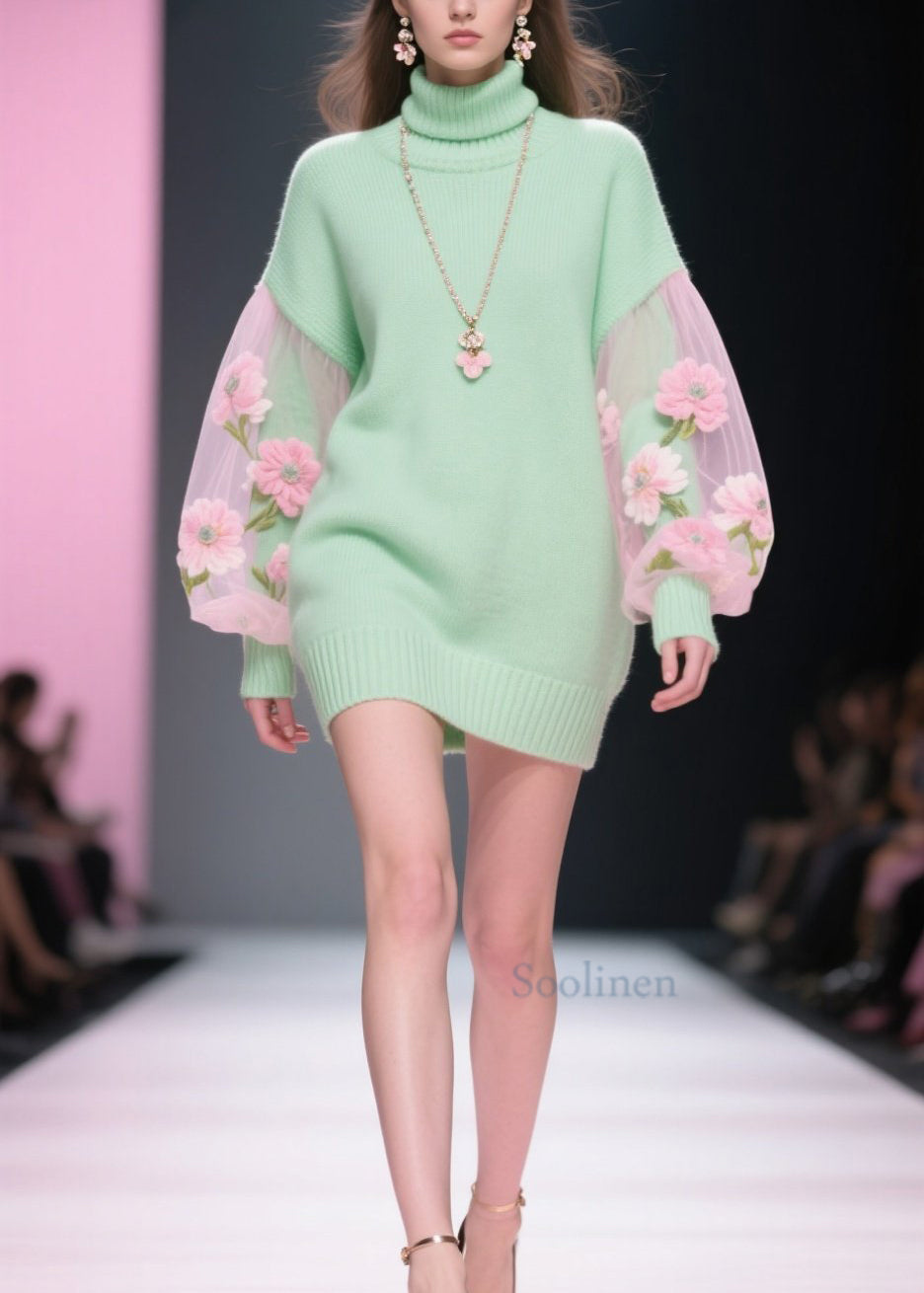 Stylish Hign Neck Tulle Patchwork Knit Sweater Dress Winter