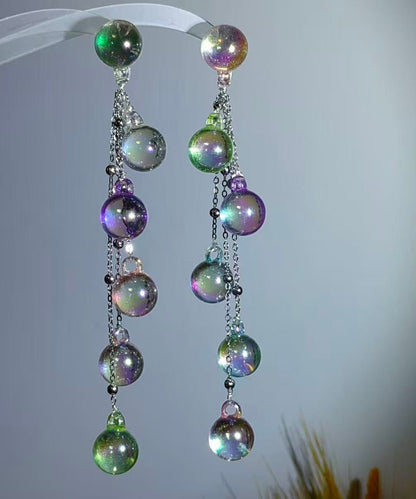Stylish Iridescent Bubble Round Bead Silver Needle Acrylic Tassel Drop Earrings