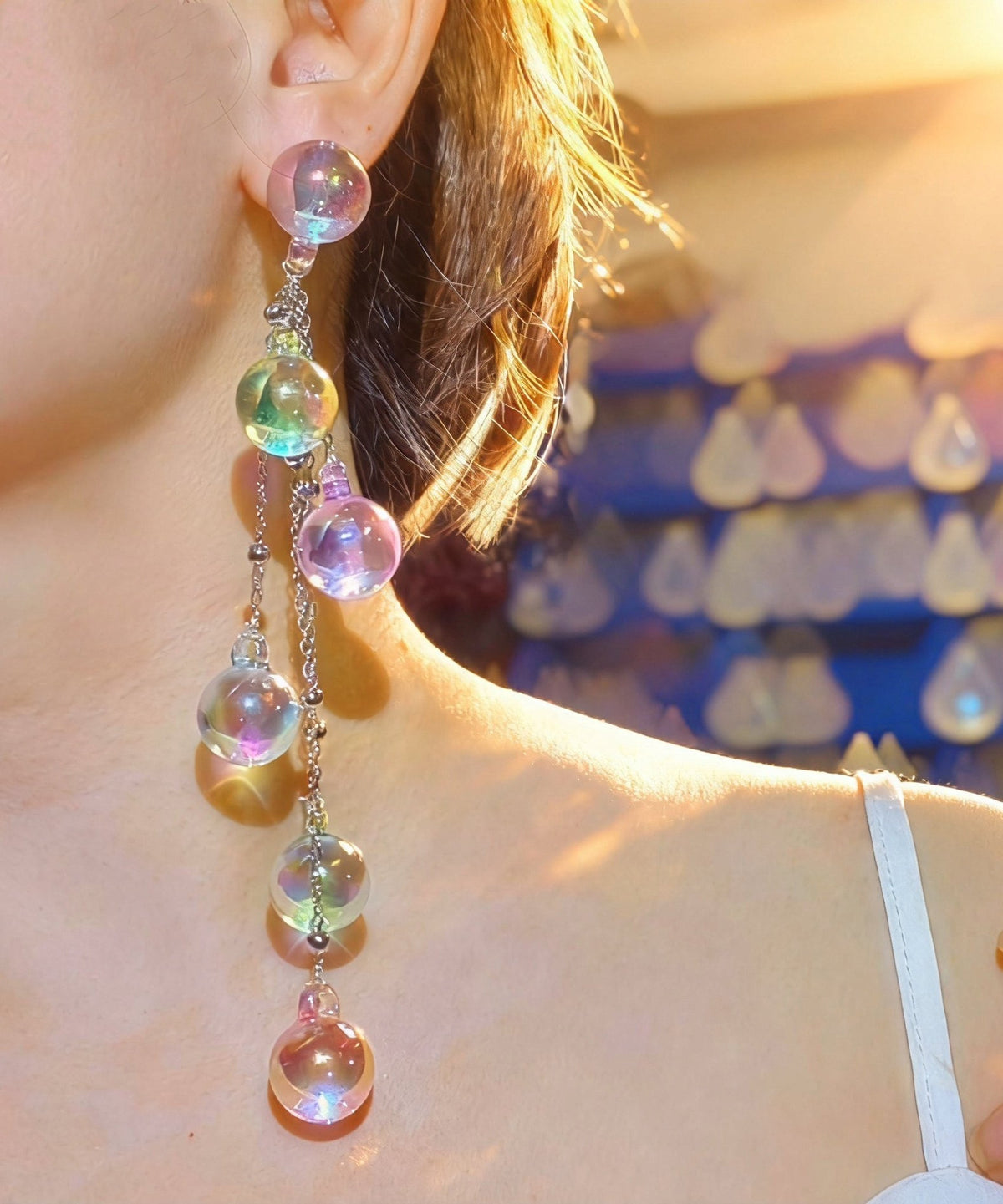 Stylish Iridescent Bubble Round Bead Silver Needle Acrylic Tassel Drop Earrings