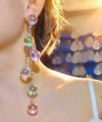 Stylish Iridescent Bubble Round Bead Silver Needle Acrylic Tassel Drop Earrings