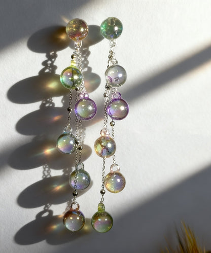 Stylish Iridescent Bubble Round Bead Silver Needle Acrylic Tassel Drop Earrings