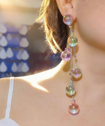 Stylish Iridescent Bubble Round Bead Silver Needle Acrylic Tassel Drop Earrings