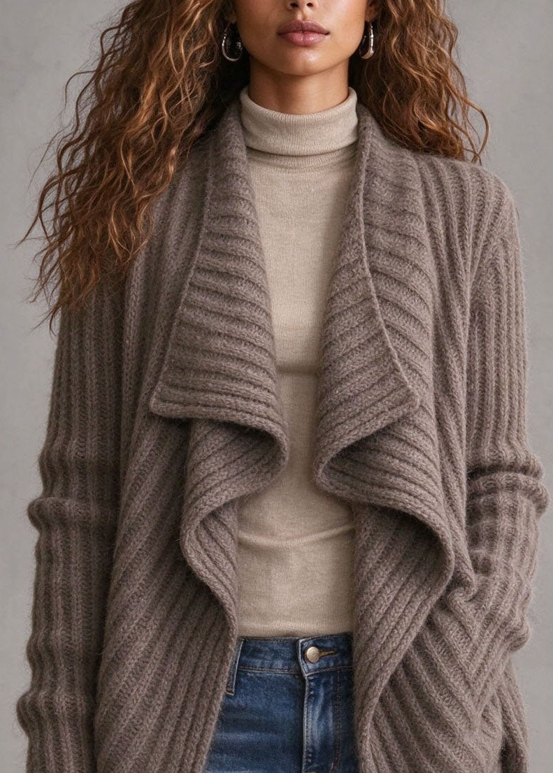 Stylish Khaki Asymmetrical Wrinkled Knit Cardigan Fall