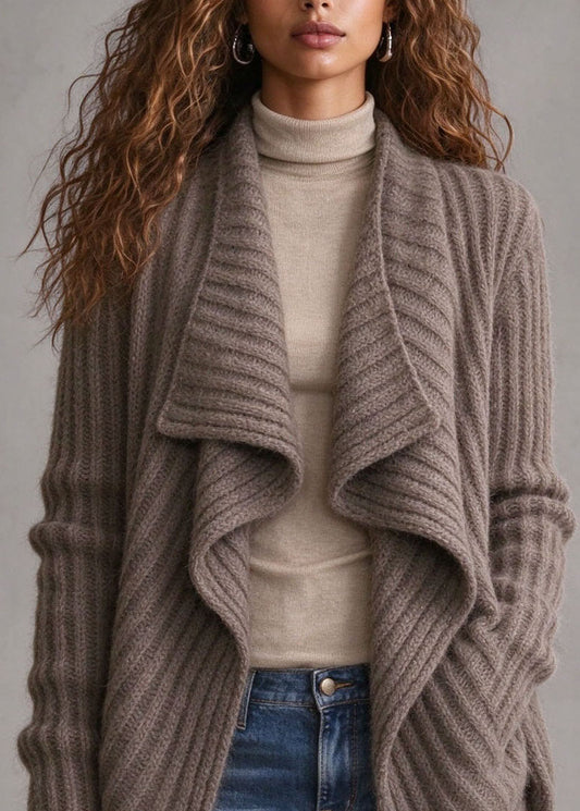 Stylish Khaki Asymmetrical Wrinkled Knit Cardigan Fall