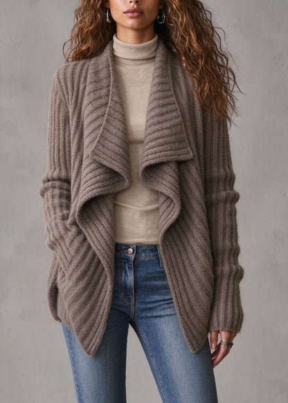 Stylish Khaki Asymmetrical Wrinkled Knit Cardigan Fall