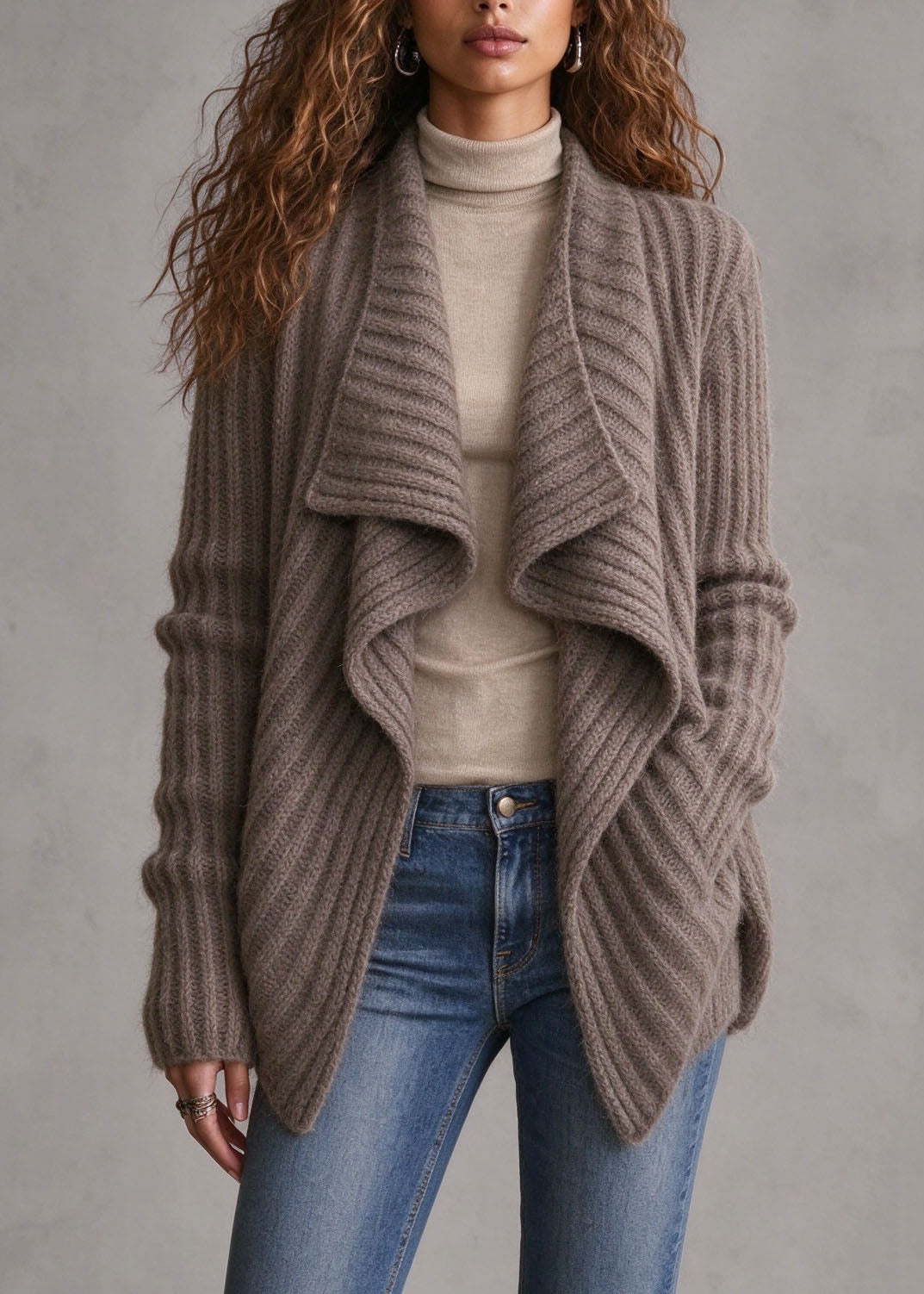 Stylish Khaki Asymmetrical Wrinkled Knit Cardigan Fall