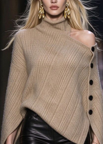 Stylish Khaki Cold Shoulder Asymmetrical Knit Sweaters Fall