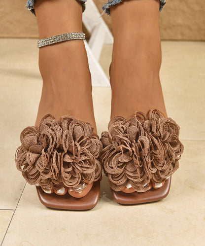 Stylish Khaki Floral Splicing Slide Sandals Peep Toe