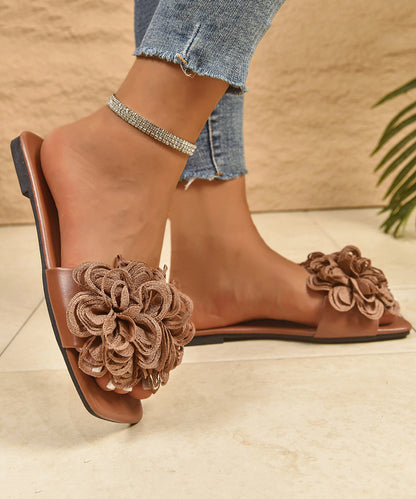 Stylish Khaki Floral Splicing Slide Sandals Peep Toe
