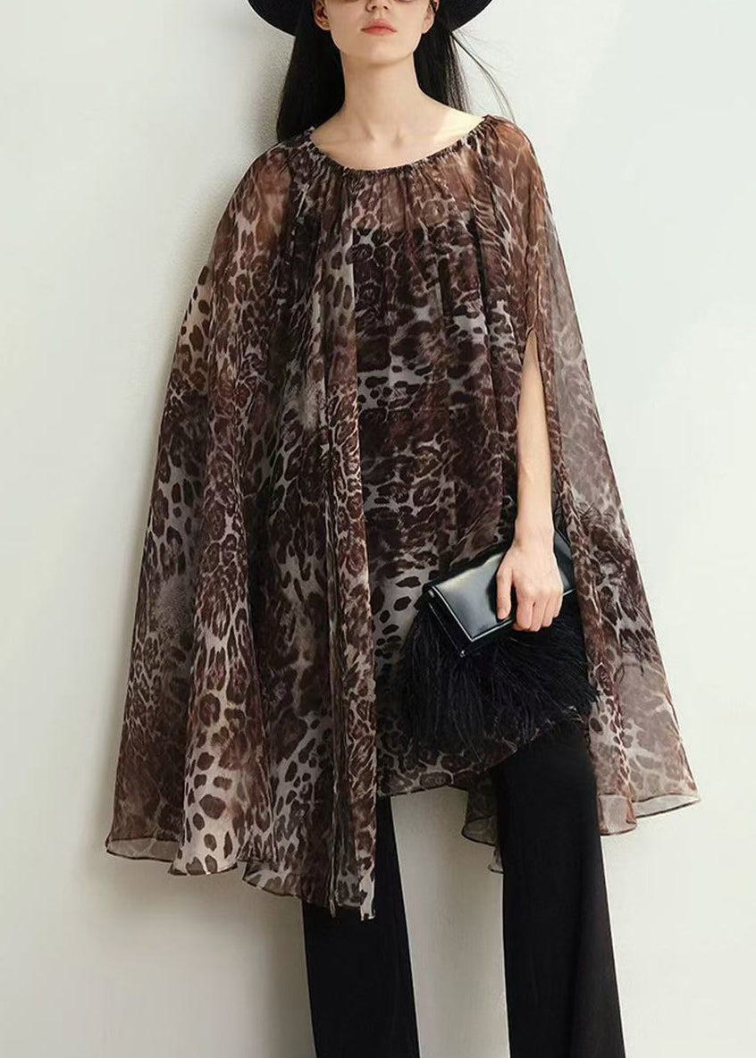 Stylish Khaki Leopard Print Chiffon Mid Dress Cloak Sleeves