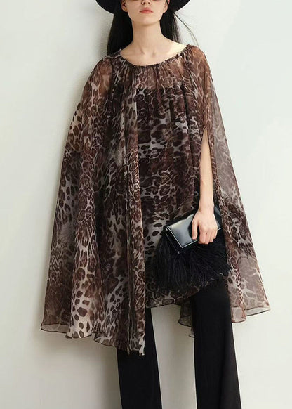 Stylish Khaki Leopard Print Chiffon Mid Dress Cloak Sleeves