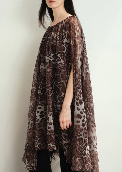 Stylish Khaki Leopard Print Chiffon Mid Dress Cloak Sleeves