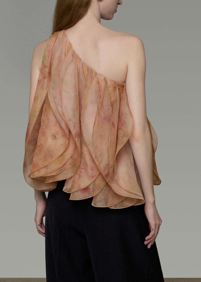 Stylish Khaki One Shoulder Tie Dye Tops Sleeveless