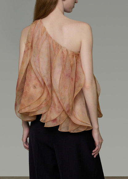Stylish Khaki One Shoulder Tie Dye Tops Sleeveless