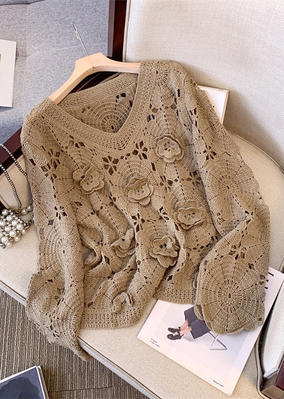 Stylish Khaki Oversized Floral Hollow Out Knit Sweaters Fall
