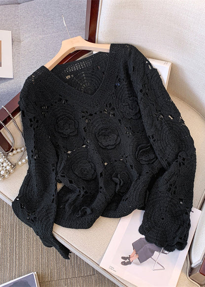 Stylish Khaki Oversized Floral Hollow Out Knit Sweaters Fall