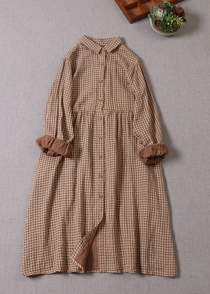 Stylish Khaki Peter Pan Collar Plaid Cotton Blouse Dresses Spring