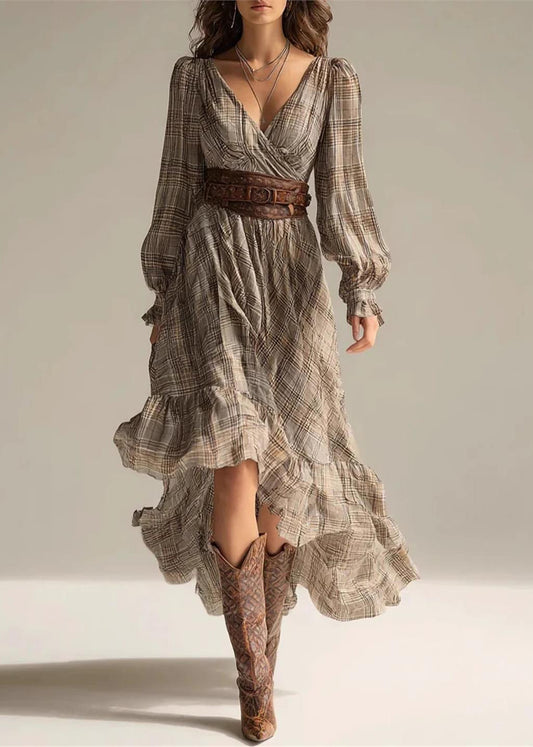 Stylish Khaki Plaid V Neck Asymmetrical Dresses Long Sleeve