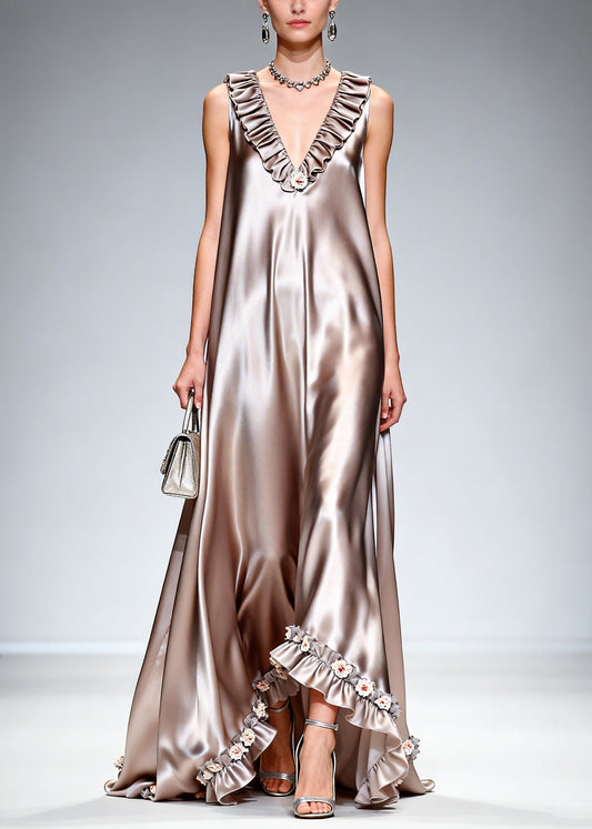 Stylish Khaki Ruffled Exra Large Hem Silk Long Dress Sleeveless