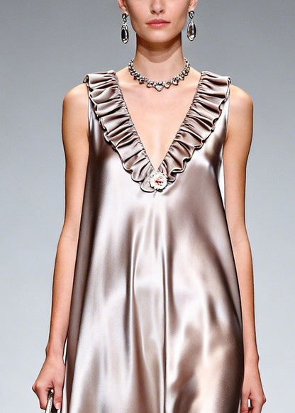Stylish Khaki Ruffled Exra Large Hem Silk Long Dress Sleeveless
