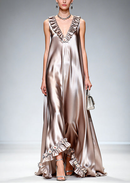 Stylish Khaki Ruffled Exra Large Hem Silk Long Dress Sleeveless