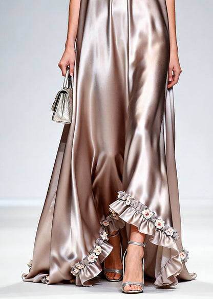 Stylish Khaki Ruffled Exra Large Hem Silk Long Dress Sleeveless