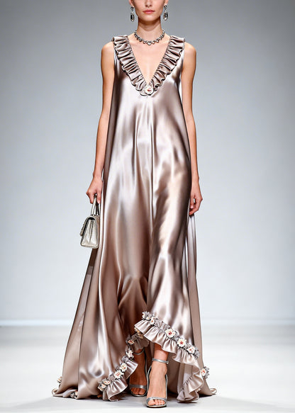 Stylish Khaki Ruffled Exra Large Hem Silk Long Dress Sleeveless