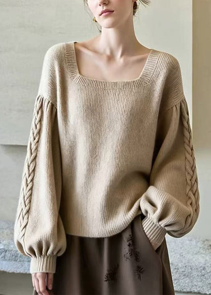 Stylish Khaki Square Collar Patchwork Knit Sweaters Lantern Sleeve