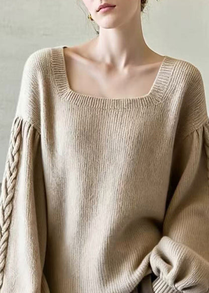 Stylish Khaki Square Collar Patchwork Knit Sweaters Lantern Sleeve