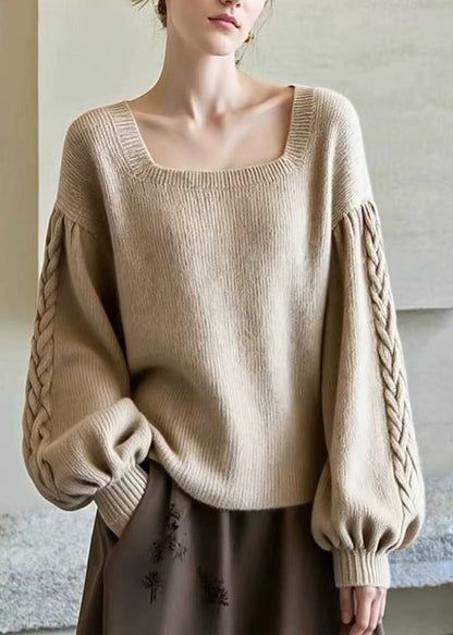 Stylish Khaki Square Collar Patchwork Knit Sweaters Lantern Sleeve