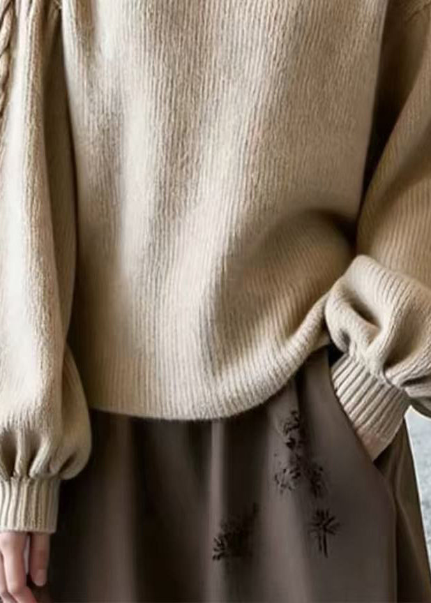 Stylish Khaki Square Collar Patchwork Knit Sweaters Lantern Sleeve