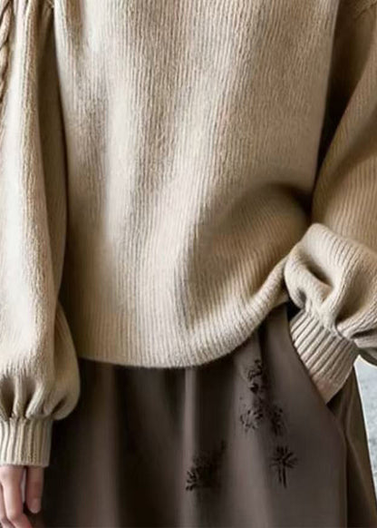 Stylish Khaki Square Collar Patchwork Knit Sweaters Lantern Sleeve