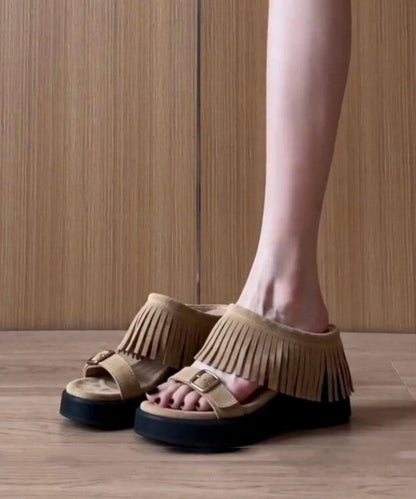 Stylish Khaki Tasseled Wedge Faux Leather Women Flip Flops