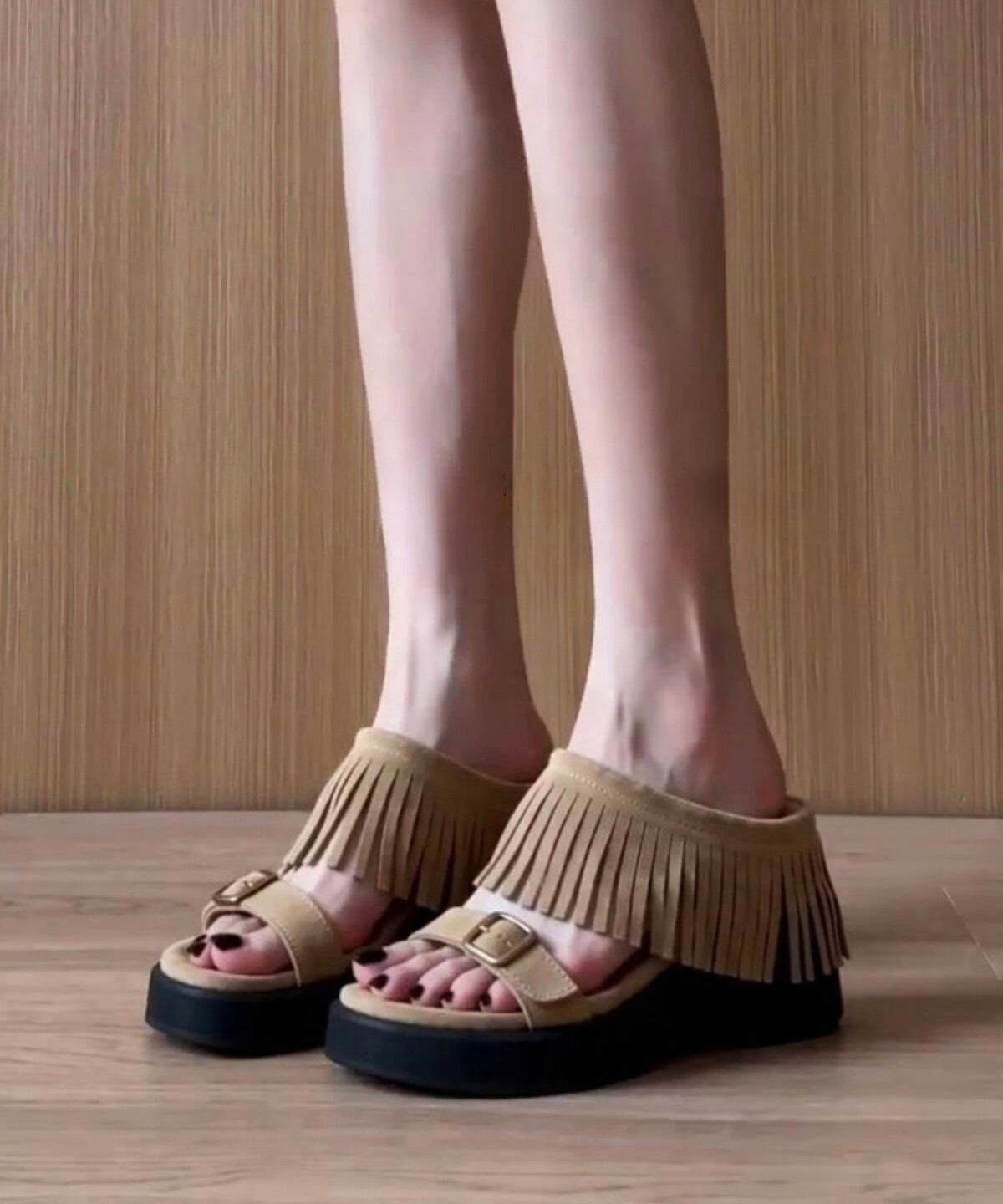 Stylish Khaki Tasseled Wedge Faux Leather Women Flip Flops
