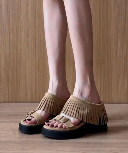 Stylish Khaki Tasseled Wedge Faux Leather Women Flip Flops