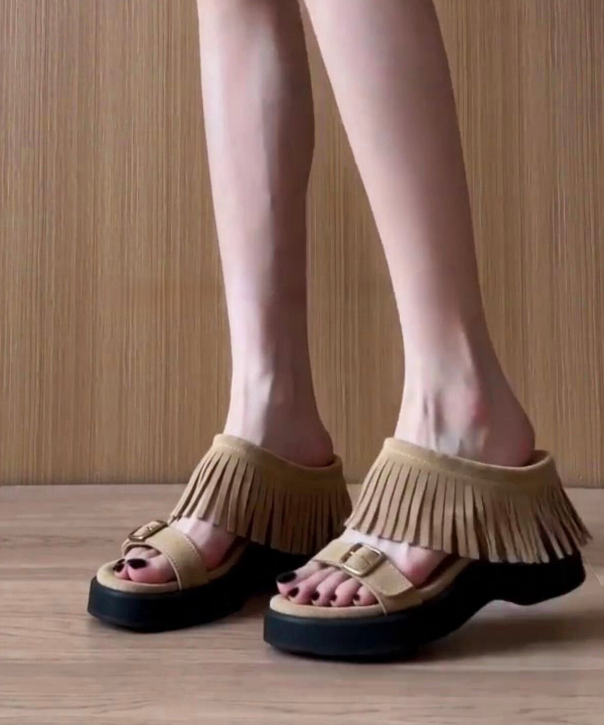 Stylish Khaki Tasseled Wedge Faux Leather Women Flip Flops