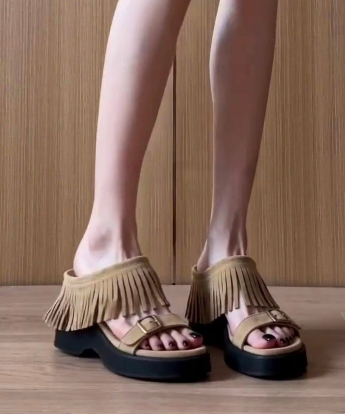 Stylish Khaki Tasseled Wedge Faux Leather Women Flip Flops