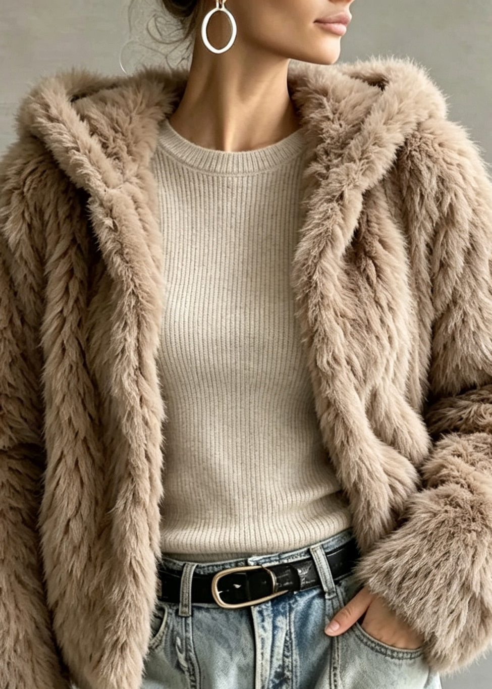 Stylish Khaki Thick Warm Faux Fur Hoodie Coat Winter