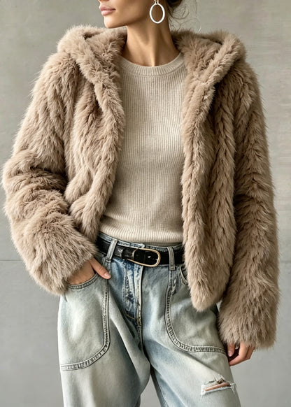 Stylish Khaki Thick Warm Faux Fur Hoodie Coat Winter