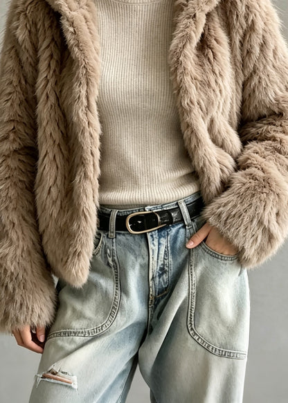 Stylish Khaki Thick Warm Faux Fur Hoodie Coat Winter