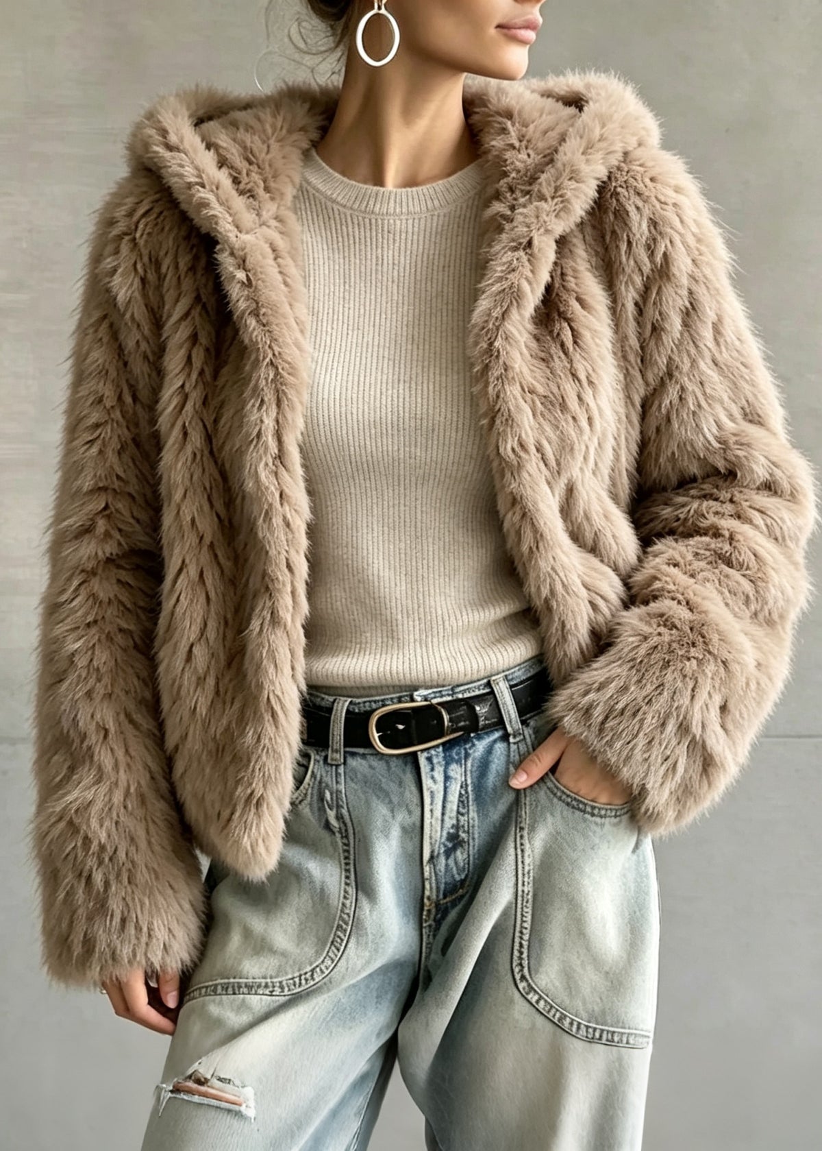 Stylish Khaki Thick Warm Faux Fur Hoodie Coat Winter