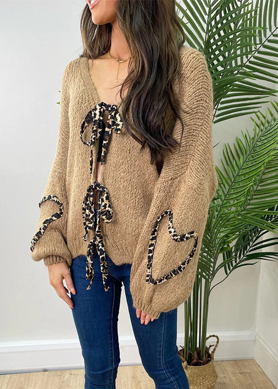 Stylish Khaki V Neck Lace Up Plus Size Knit Cardigans Spring