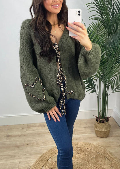 Stylish Khaki V Neck Lace Up Plus Size Knit Cardigans Spring