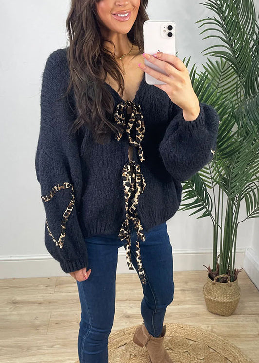 Stylish Khaki V Neck Lace Up Plus Size Knit Cardigans Spring