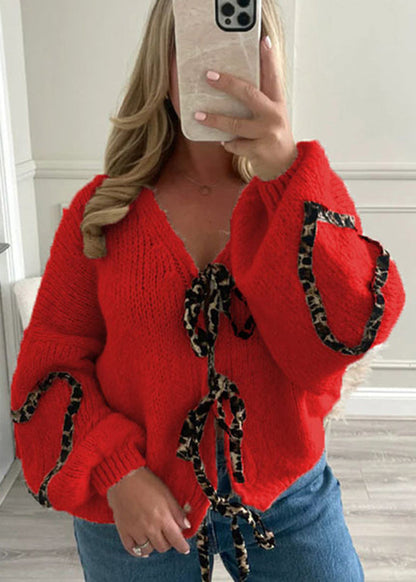 Stylish Khaki V Neck Lace Up Plus Size Knit Cardigans Spring