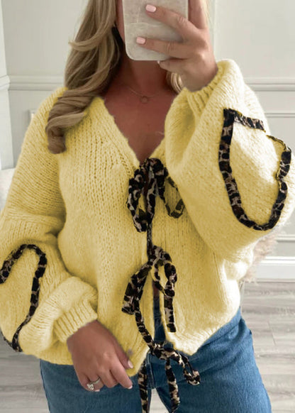 Stylish Khaki V Neck Lace Up Plus Size Knit Cardigans Spring